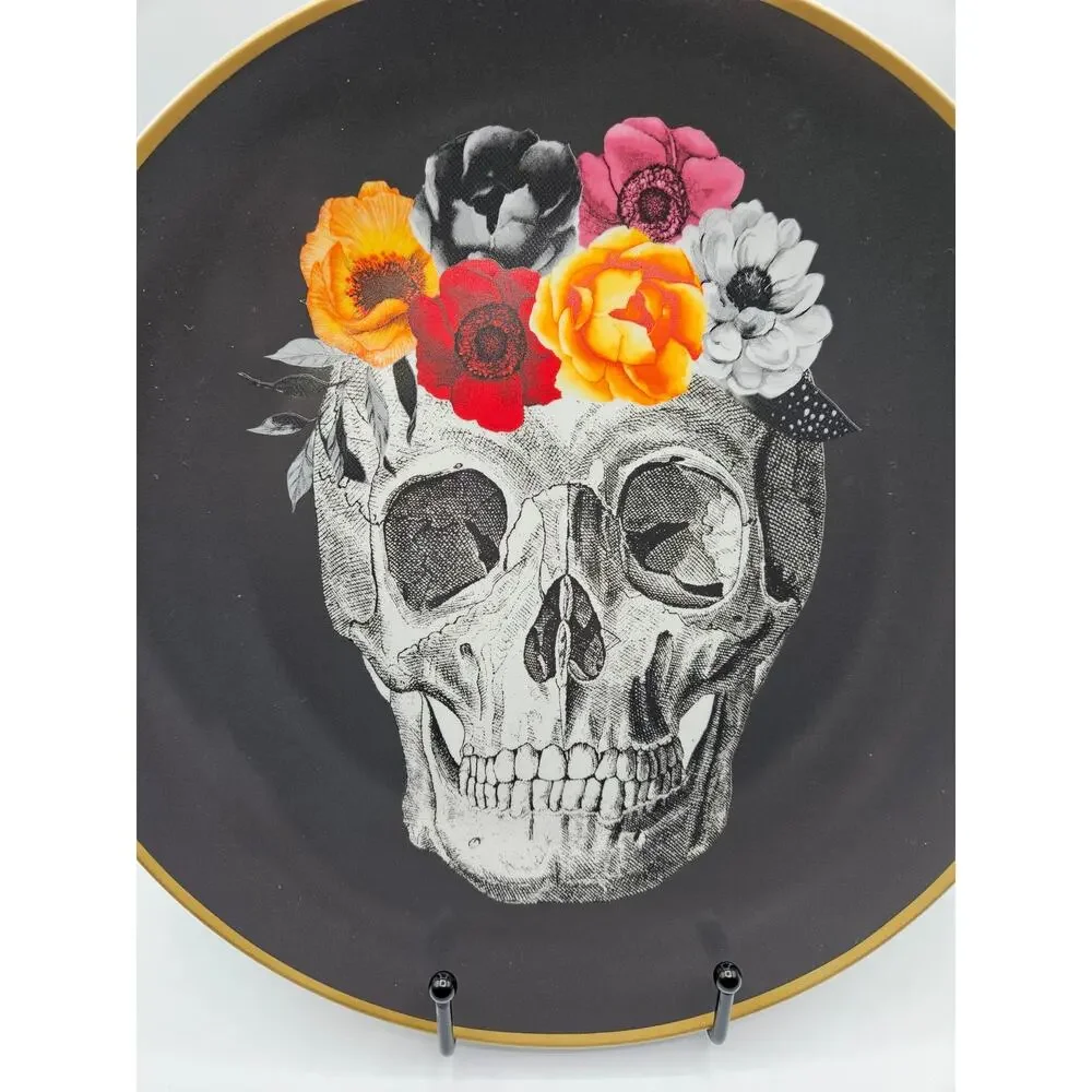 Harvest Green Studio Floral Skull Dinner Plate Made in England‎ Black Orange Red